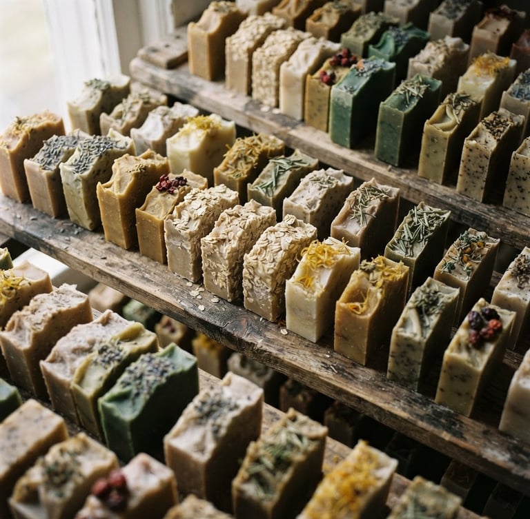 Macro overhead shot of raw handmade soap bars drying on rustic wooden shelves, soft natural morning light, botanical details, warm beige tones