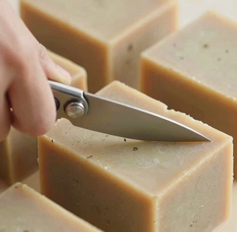 Close-up of a hand cutting a large block of natural herbal soap with a wire cutter, botanical flecks visible in the soap texture, warm daylight