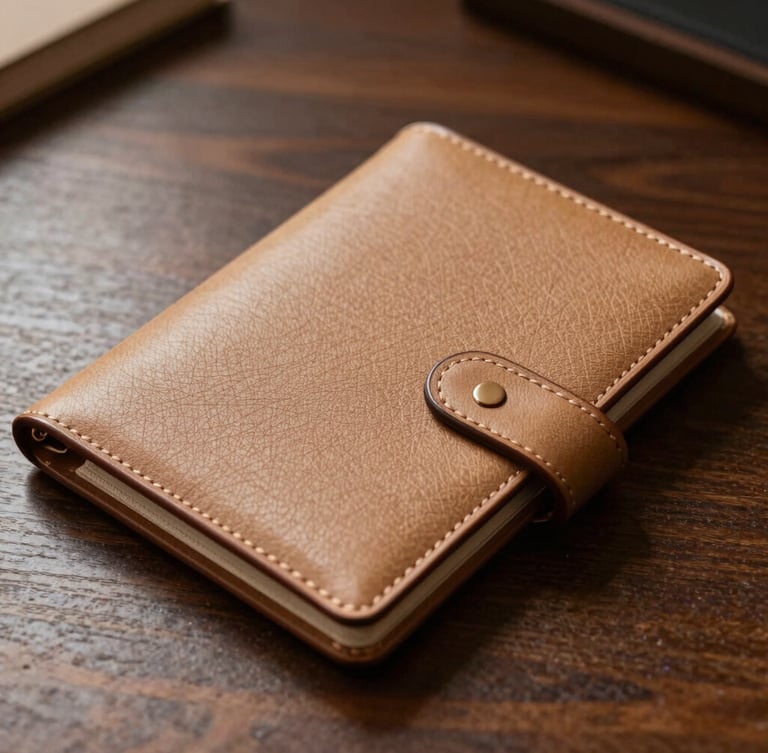 Tight macro detail of a high-end tactile leather portfolio on a dark wooden desk, soft indirect daylight, warm editorial aesthetic