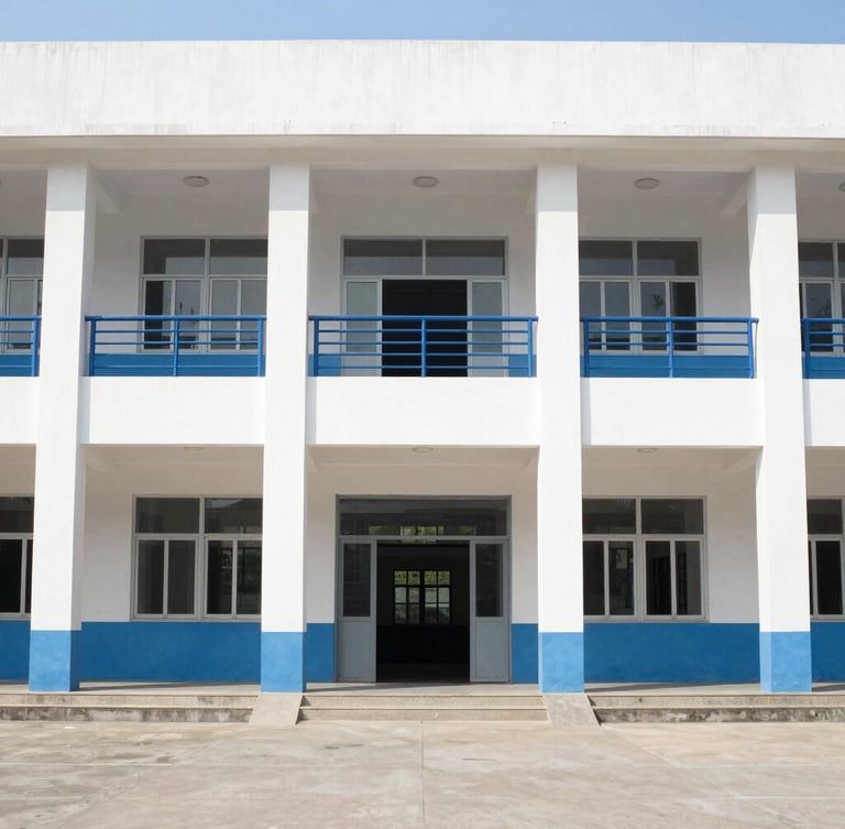 Symmetrical medium shot of a disciplined defense academy building with crisp architectural lines, bright natural daylight, clean white and cadet blue tones, 35mm