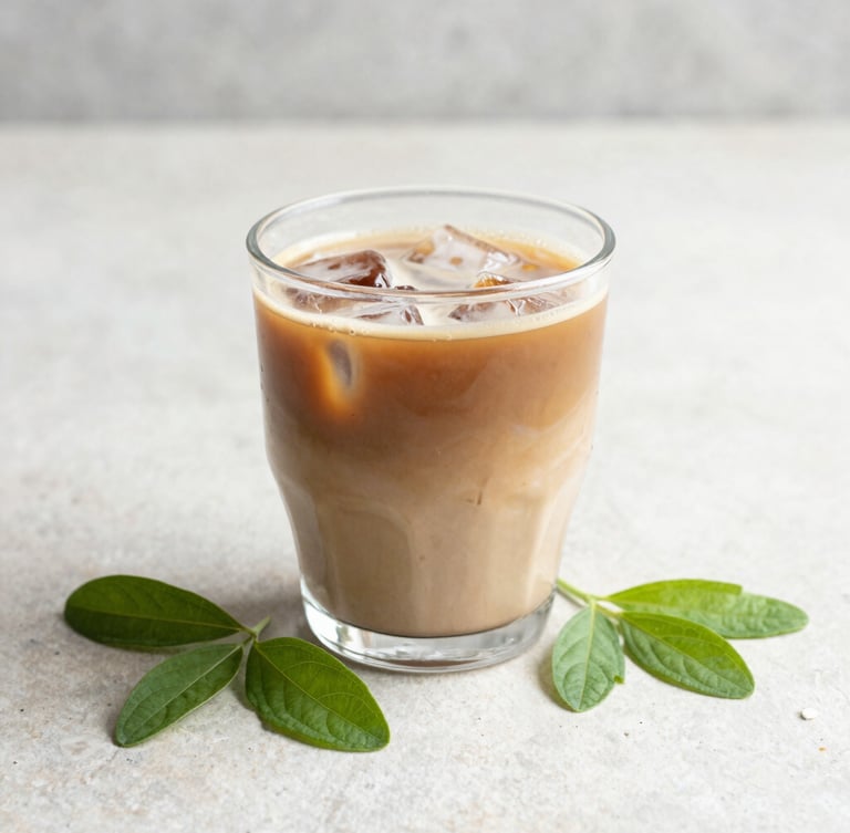 Crisp macro shot of modern iced coffee in minimalist glassware next to fresh green stevia leaves on a clean light stone surface, bright natural morning daylight, warm brown and matcha green tones, 50mm lens
