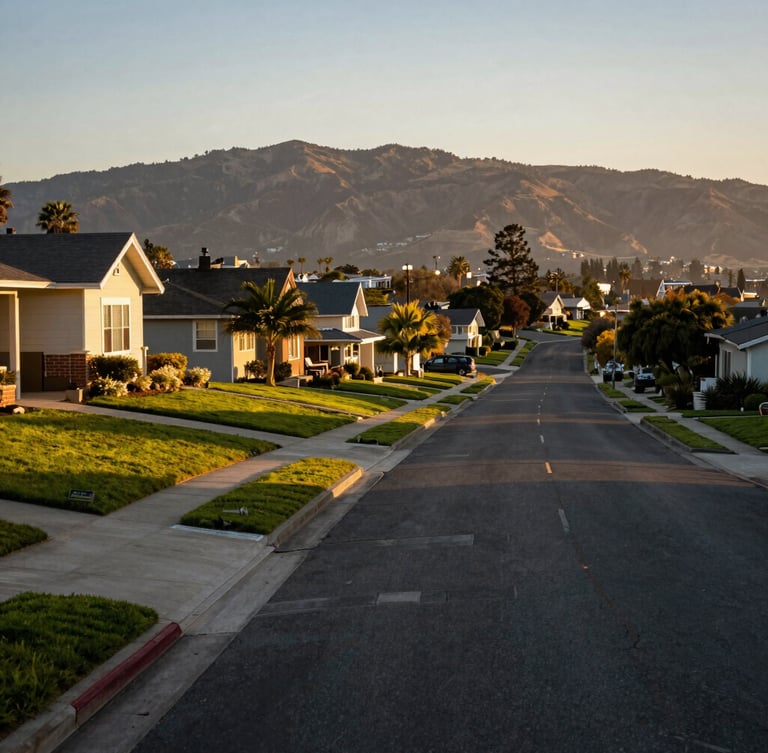 Warm California golden hour light illuminating a quiet residential street in Watsonville, well-kept single-family homes with green lawns, mountains in the soft-focus background.