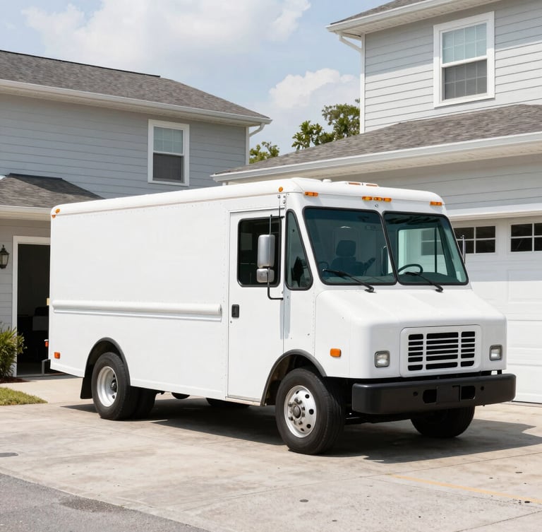 An organized service truck parked in front of a clean residential garage in Charleston, bright natural daylight, crisp commercial photography