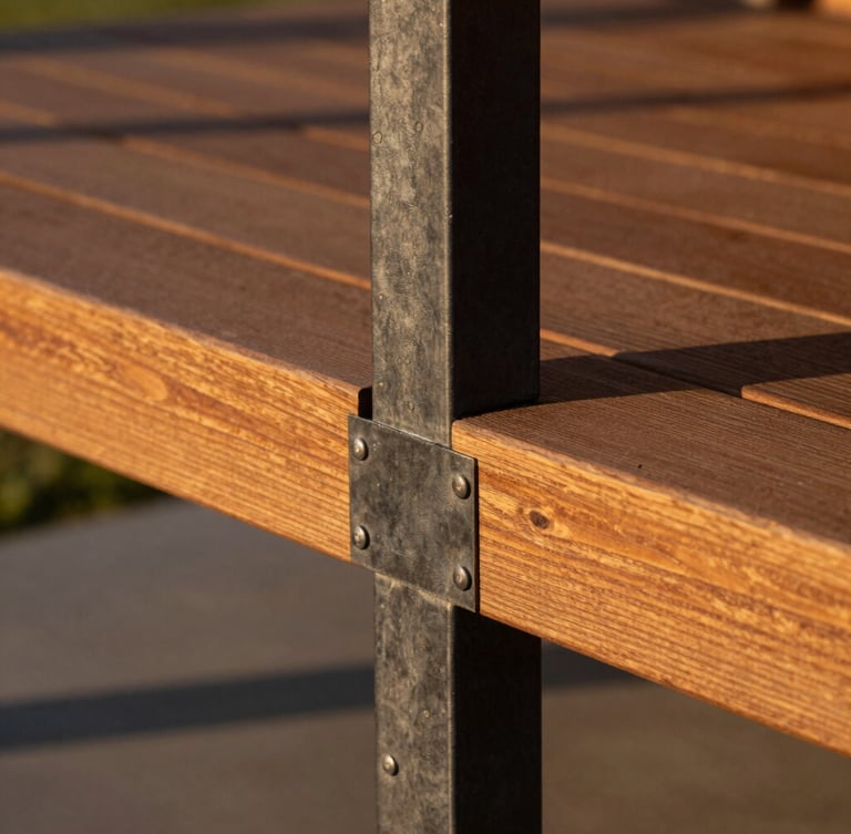 Close-up architectural shot of flawless steel-to-wood joinery on a modern veranda, rich cedar wood meeting dark charcoal steel, warm late-afternoon golden hour sunlight, sharp focus on structural connections.