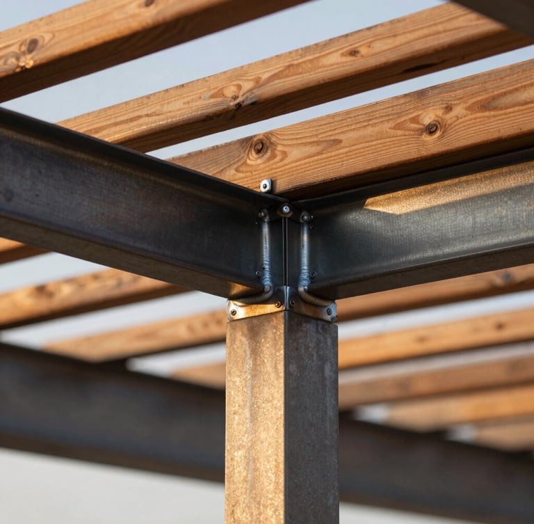Close-up macro shot of flawless steel-to-wood joinery on a pergola structure, showcasing clean welds, dark charcoal powder coating, and premium cedar wood slats under warm golden hour light.