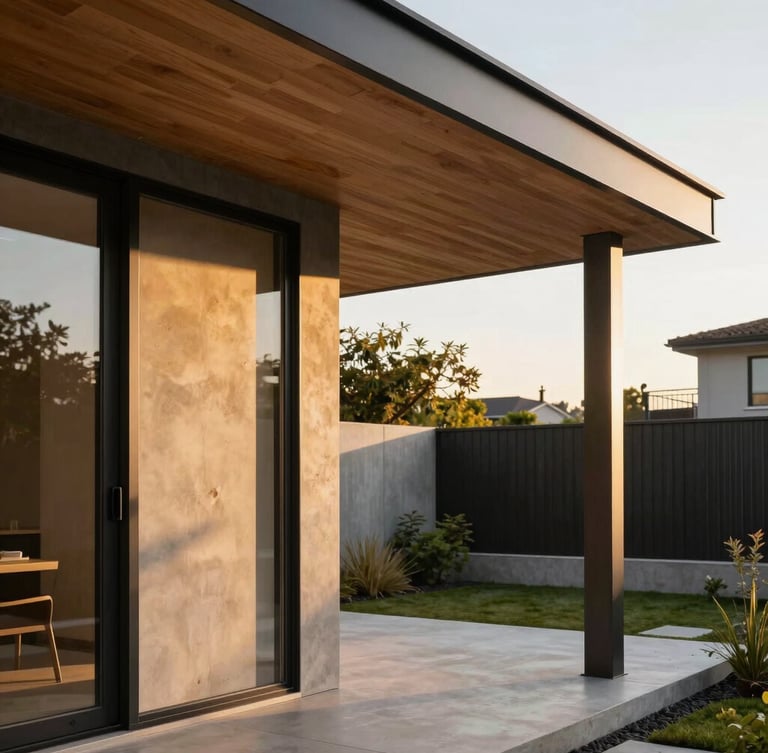 Golden hour sunlight hitting a modern residential veranda with a deep charcoal steel frame and integrated warm cedar ceiling panels, minimalist concrete garden backdrop.