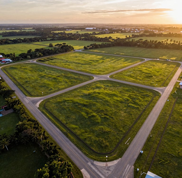 Elevated drone shot of a lush green planned land development in Pará at sunset, showing clean paved roads and neatly demarcated lot boundaries, warm golden light reflecting off the rich soil.