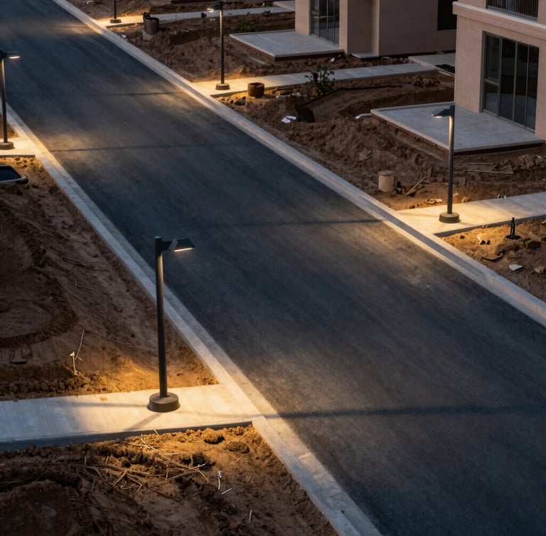 Elevated perspective of completed infrastructure in a modern gated community, smooth asphalt road stretching diagonally, neat concrete curbs, elegant street lamps, warm golden lighting, pristine soil texture.