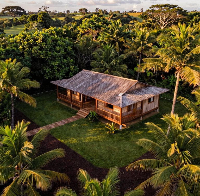 Elevated drone photography of a lush green Brazilian chácara at golden hour, showing a rustic wooden house with a wide veranda, clean demarcated boundaries, surrounded by tall coconut palms and rich dark soil, warm late afternoon sun.