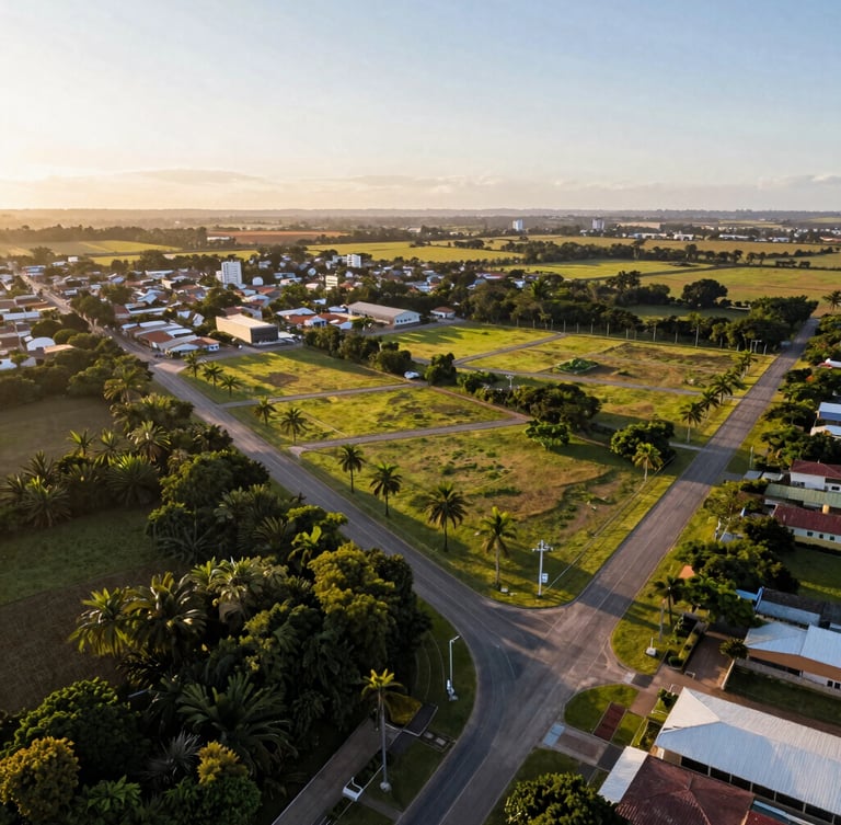 Vista aérea de drone mostrando loteamento planejado com ruas asfaltadas, demarcações precisas de lotes, cercado por vegetação natural sob a luz dourada do fim de tarde