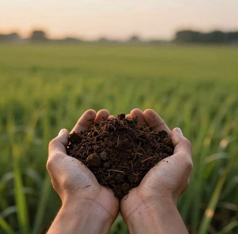 Close-up of rich dark Amazonian soil held in hands, with expansive green fields blurred in the background under warm sunset light