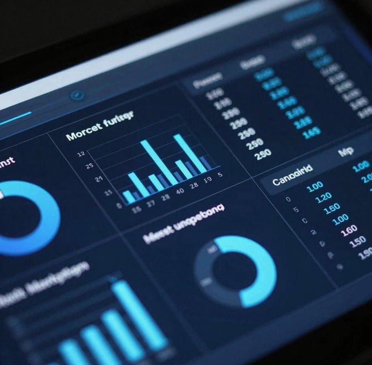 Macro shot of a high-resolution data dashboard displaying real-time marketing analytics, cool blue and neon cyan lighting, dark slate background, sharp focus, 35mm lens