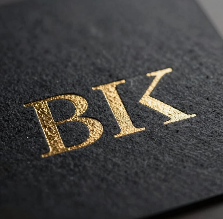 Macro close-up of heavy charcoal paper stock embossed with gold foil lettering, dramatic low-key side lighting