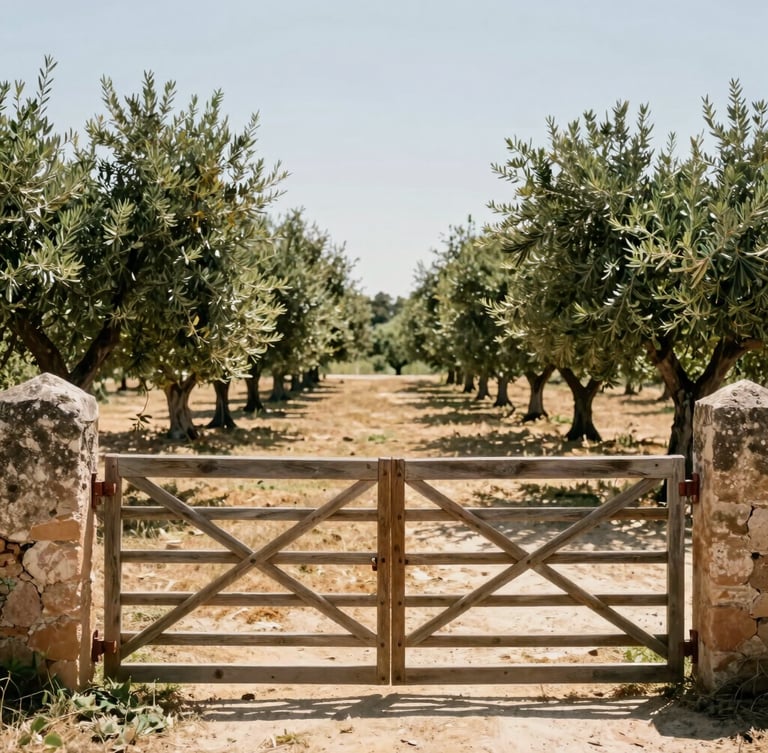 Medium-wide environmental shot of a rustic estate farm gate in olive grove under high-contrast Mediterranean sunlight, warm editorial photography