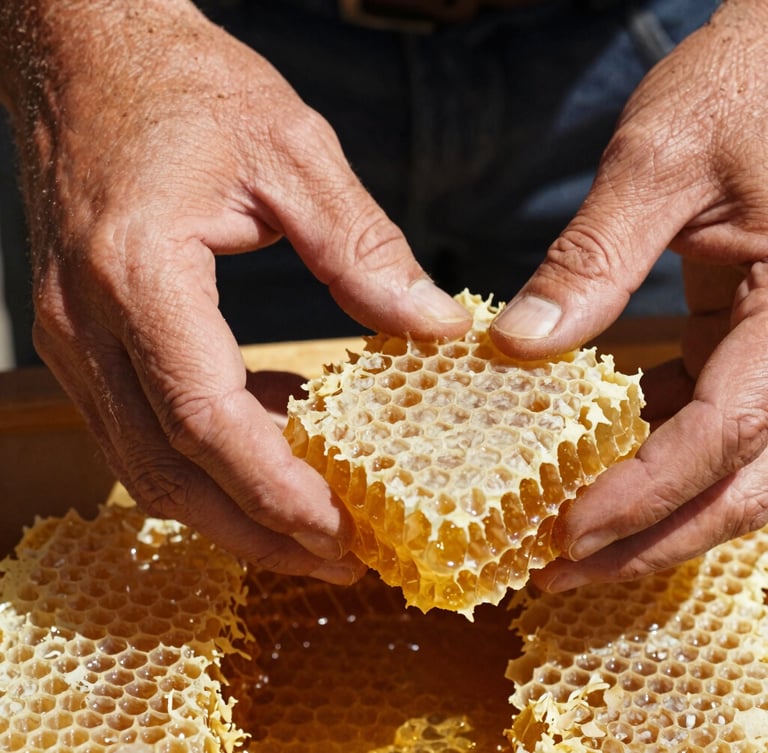 Close-up macro shot of weathered hands inspecting raw, golden honeycomb under high-contrast Mediterranean sunlight, rich earthy tones.