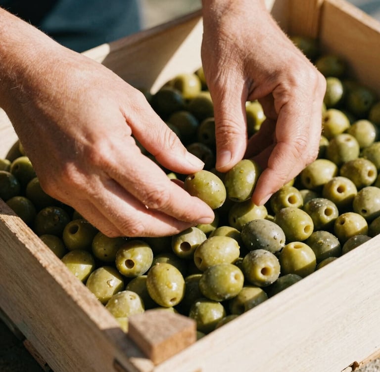 Tight macro shot of hands inspecting raw green olives inside a rustic wooden crate, warm natural sunlight, medium format film