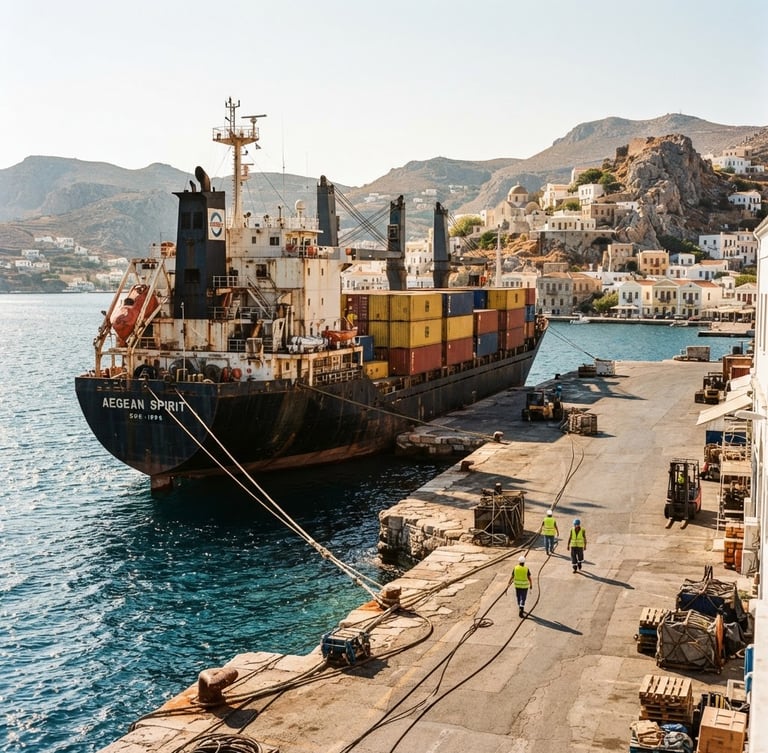 High-contrast environmental shot of a cargo vessel docked in a sun-drenched Mediterranean harbor, warm editorial photography, medium format film.