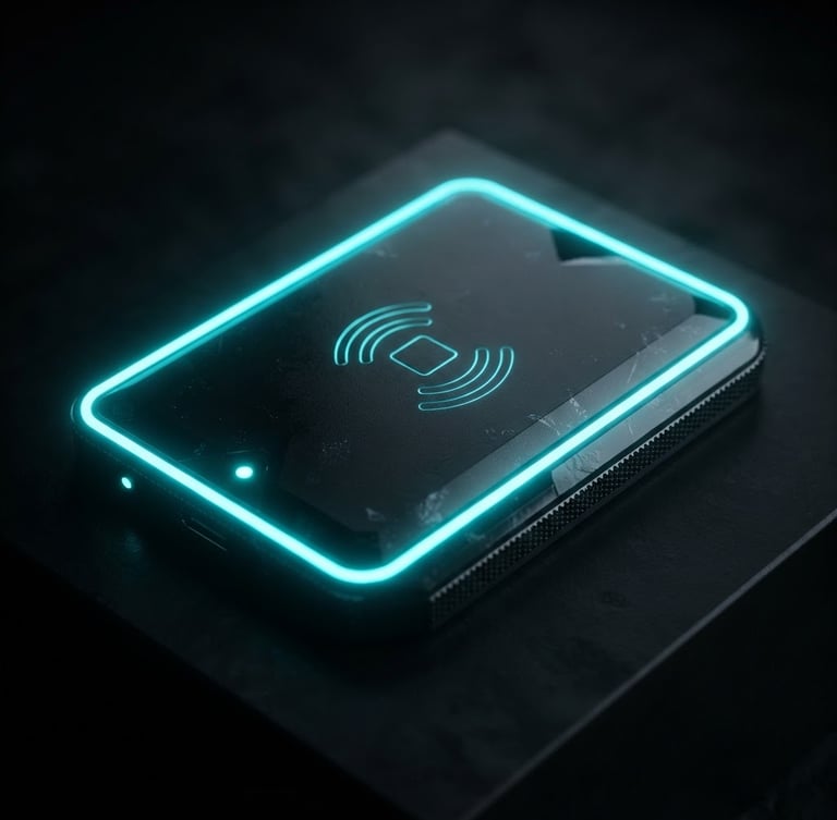 Macro close-up of a sleek, dark obsidian NFC-enabled hardware module with sharp neon-cyan rim lighting, dramatic low-key studio setting, hyper-realistic 3D render, 8k