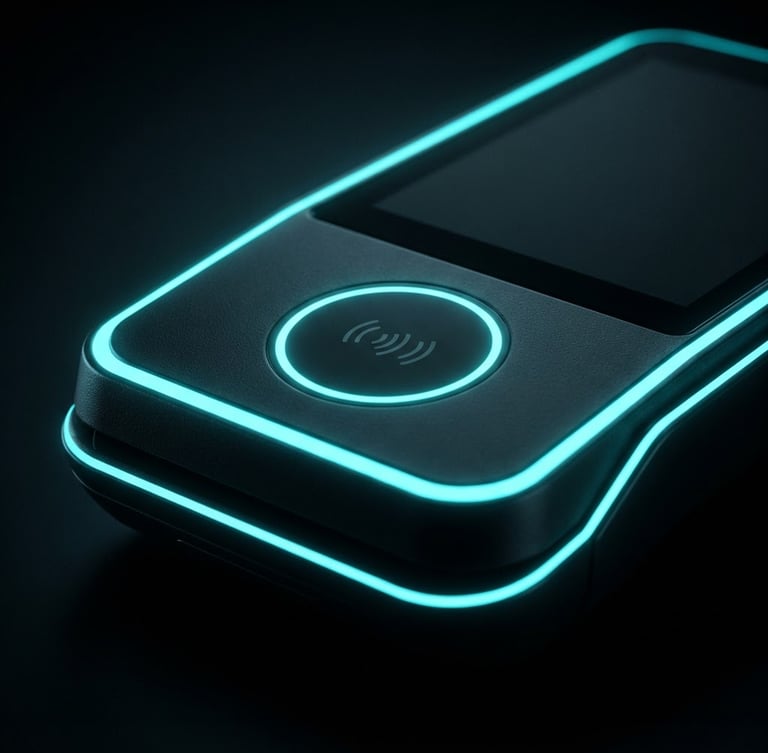 Macro close-up of a sleek obsidian NFC-enabled terminal, sharp neon-cyan rim lighting, dramatic low-key studio setting, hyper-realistic 3D render, 8k