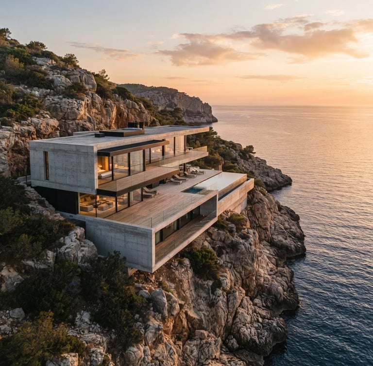 Cinematic aerial drone photograph of a modern luxury concrete villa on a rocky cliffside at golden hour, calm sea below, sharp architectural lines, medium format look.