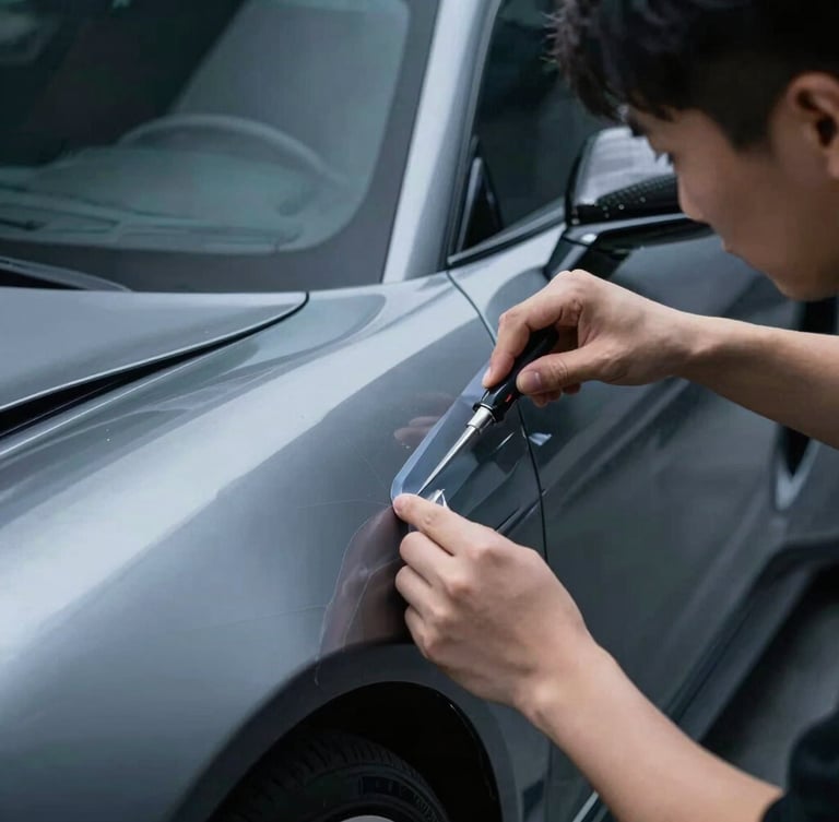 Sleek close-up of a technician applying precise masking tape to a sports car fender, high-contrast cool studio lighting, metallic gray tones