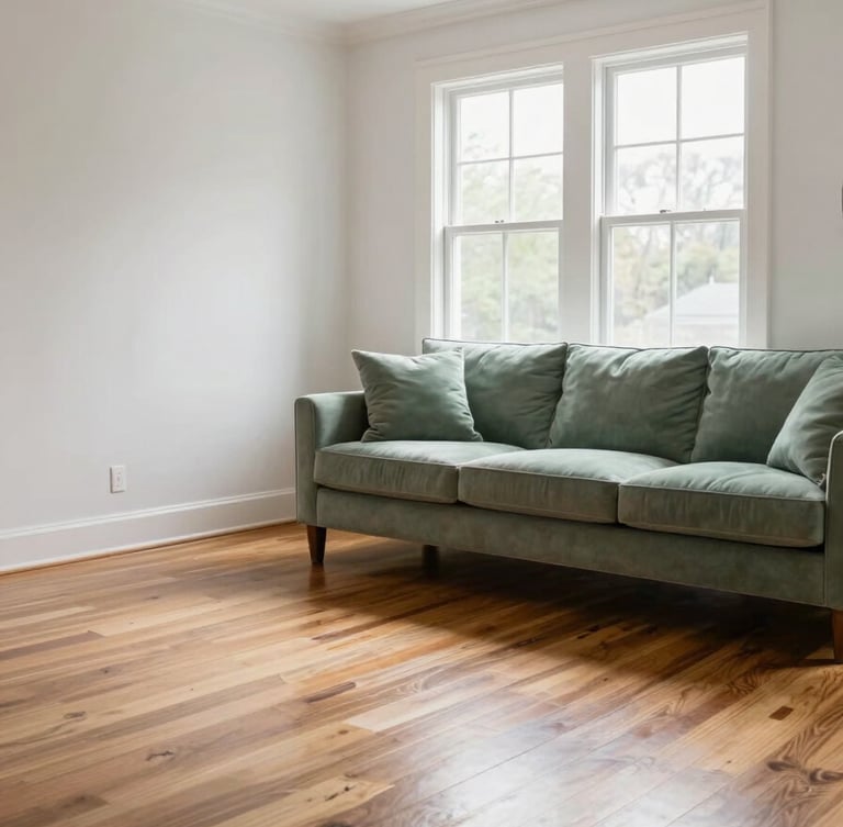 A bright and airy North American / New England living room after a professional cleaning, with gleaming hardwood floors, mist white walls, and sage green cushions, naturally lit by a large window.