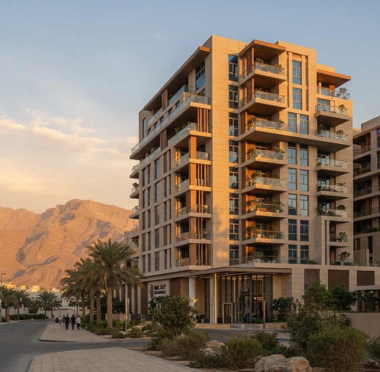 A medium-wide architectural photograph of a modern residential mid-rise in Ras Al Khaimah, captured from a low angle during the soft golden hour. Warm Arabian sunlight casts long, elegant shadows across the clean sand-toned facade, with the rugged Jebel Jais mountains visible in the distant background.