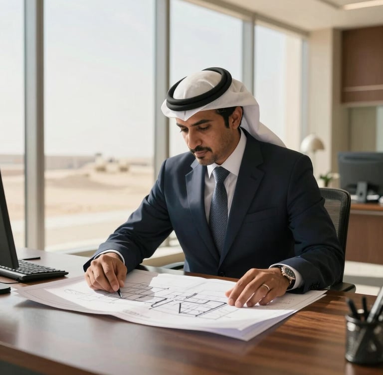 A professional broker in a modern, sunlit office in Ras Al Khaimah, reviewing architectural blueprints on a dark wood table, warm natural light, 35mm lens
