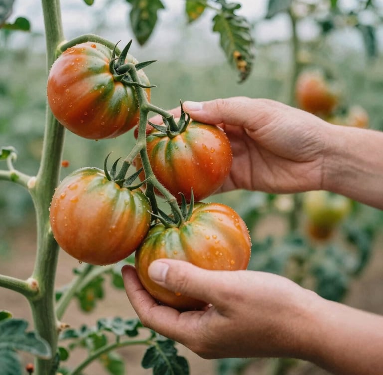 Farmer's hands gently picking ripe, colorful heirloom tomatoes from the vine, natural overcast daylight, shallow depth of field.