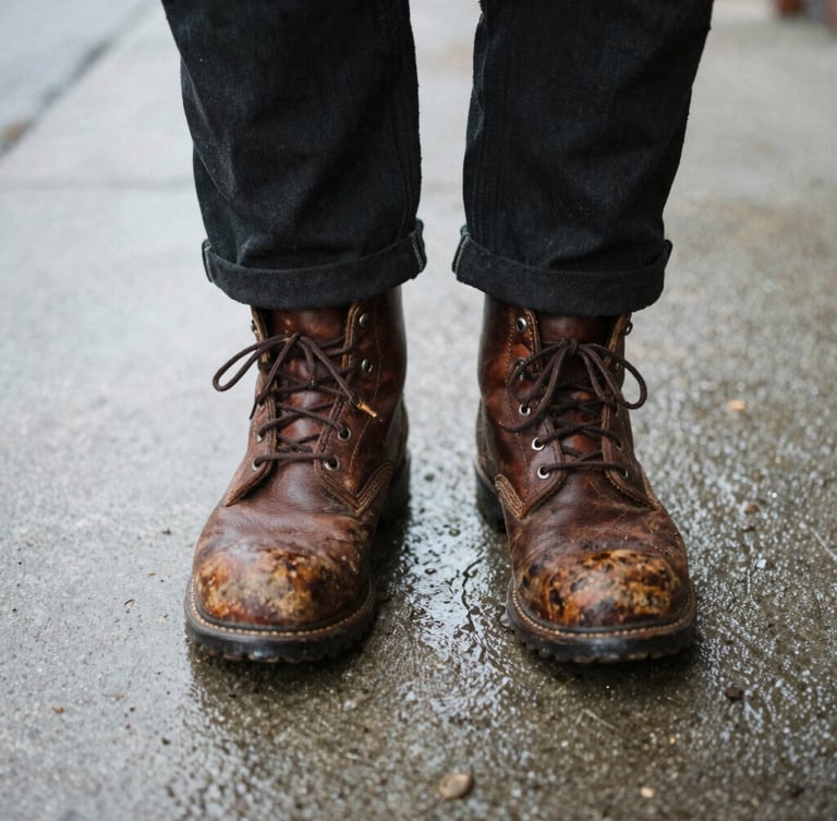 Close-up of worn leather work boots standing on rain-slicked concrete, soft overcast daylight, raw documentary style