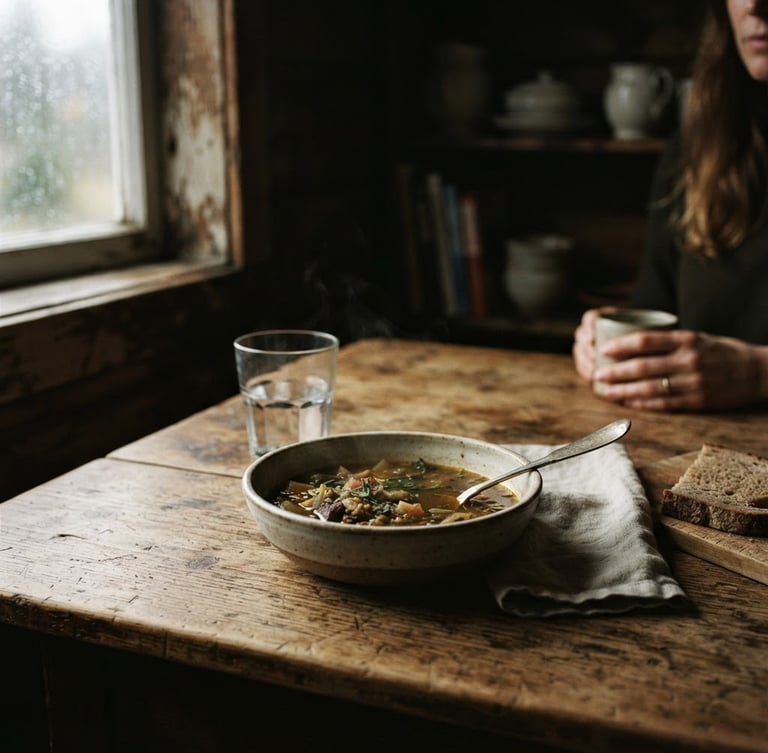 Moody documentary photography of a warm, low-key indoor space, a simple wooden table with a bowl of warm soup, soft window light, raw emotional atmosphere, 35mm film grain.