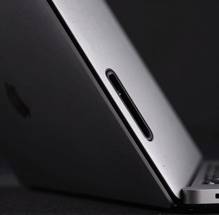 Extreme close-up of a MacBook Pro chassis showing the precise side ports and metallic texture, dramatic low-key studio lighting, dark background, zero clutter.