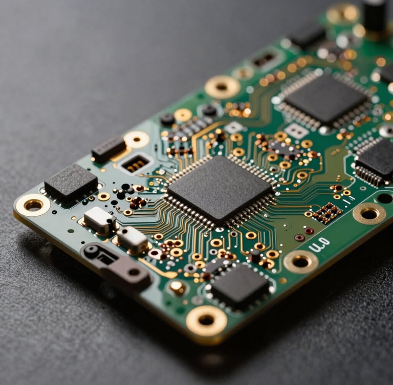 Macro shot of a pristine Apple logic board under dramatic studio lighting, showcasing gold-plated micro-circuits and precise soldering work.