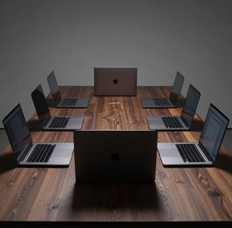 Wide symmetrical shot of a pristine fleet of space-gray MacBook Pro laptops aligned perfectly on a minimalist dark wood desk, dramatic edge lighting, high-contrast studio shadows.