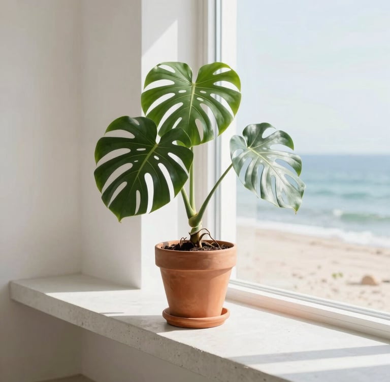 A beautiful monstera deliciosa plant in a warm terracotta pot on a sun-drenched concrete bench in a minimalist coastal living room, soft natural light, 35mm