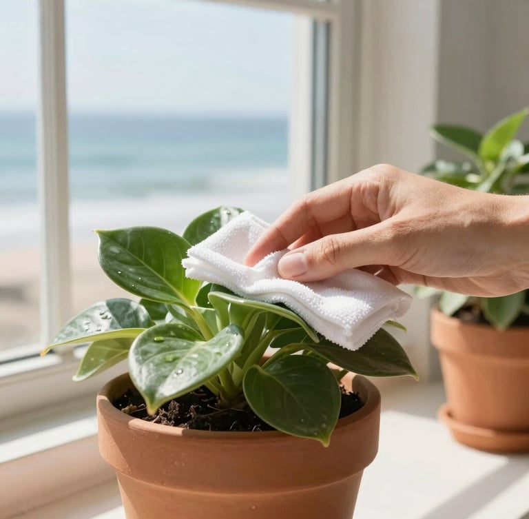 Close-up of a hand gently wiping a lush green leaf of a potted plant in a bright, sunlit coastal greenhouse, warm terracotta tones, 35mm
