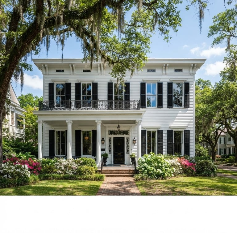 Premium architectural photography of a historic home in Mobile, Alabama, freshly painted with crisp white siding and deep black shutters, bright natural Southern daylight, sharp focus, 35mm.