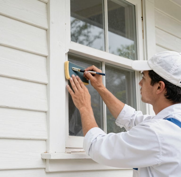 Close-up of a professional painter in a clean uniform meticulously hand-sanding a wooden window frame on a historic Mobile home, bright natural daylight, sharp focus.