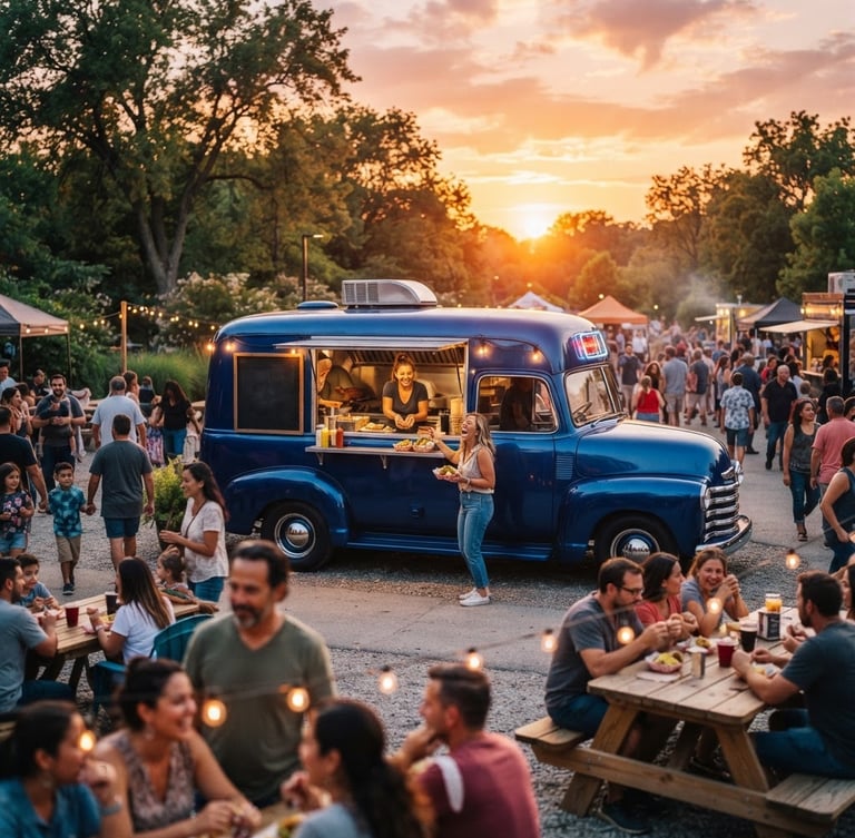 Wide-angle environmental shot of a gleaming deep blue food truck parked at sunset in a bustling Missouri community space, warm golden-hour daylight, 35mm lens