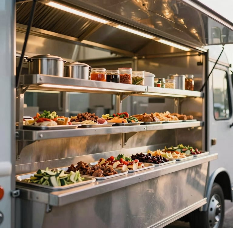 A clean, gleaming stainless steel kitchen prep line inside a modern food truck, warm evening service lights, professional organization