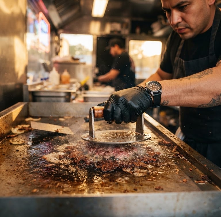 A close-up action shot of a chef smashing a beef patty on a sizzling flat-top griddle inside a clean stainless steel food truck kitchen, crispy lace edges forming, warm glowing overhead lights, vibrant editorial food photography style.
