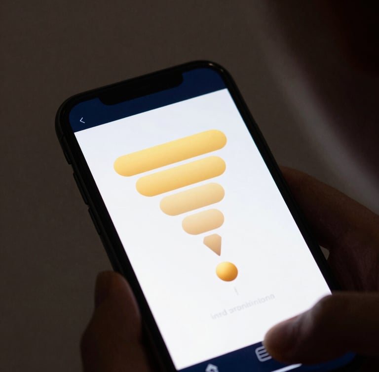 Over-the-shoulder macro shot of a modern mobile device displaying a clean conversion funnel visualization with glowing golden highlights, moody studio lighting