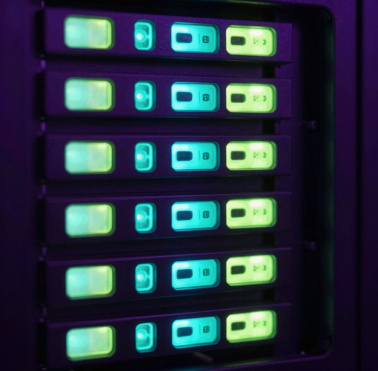 Close-up of glowing server rack LEDs with neon cyan and lime green backlighting, sharp macro focus, dark violet tones, 35mm lens
