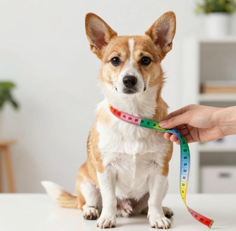 Bright cheerful pet photography of a small dog sitting calmly while a hand gently measures its chest with a colorful tape, soft daylight, 35mm