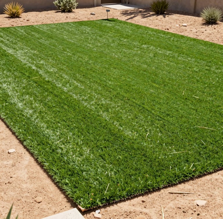 Crisp editorial photo of a completed artificial lawn installation in a Southern California backyard, bright natural sunlight, rich green turf texture against warm desert sand landscaping, 35mm