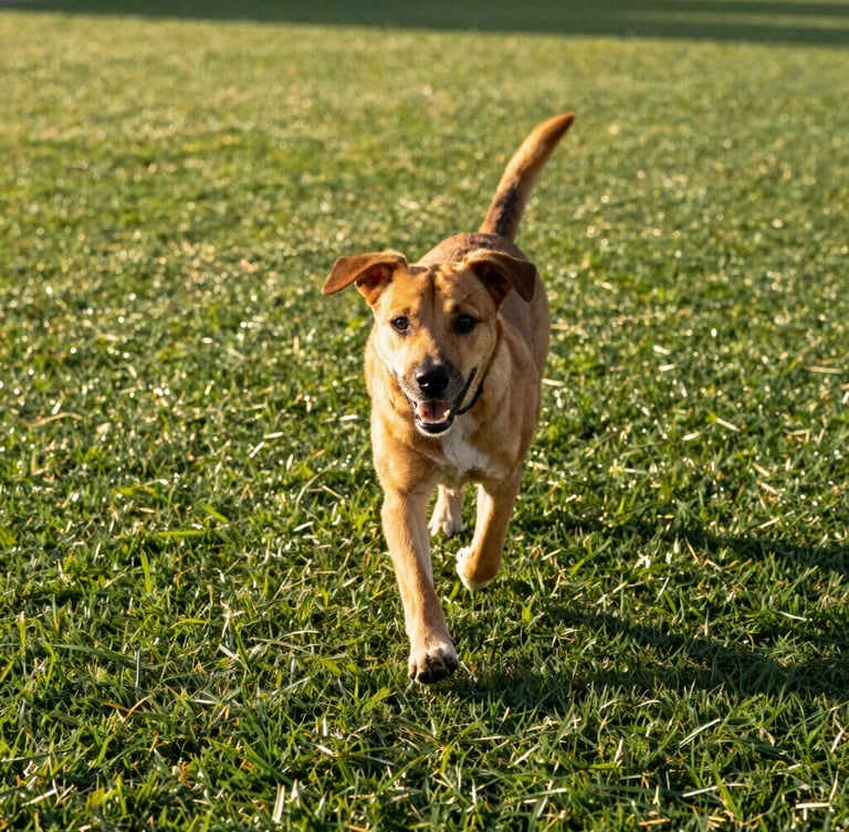 Low-angle 35mm shot of a happy dog running on lush, dry artificial grass under warm Southern California golden-hour sunlight, showing realistic turf density and clean blades, crisp focus