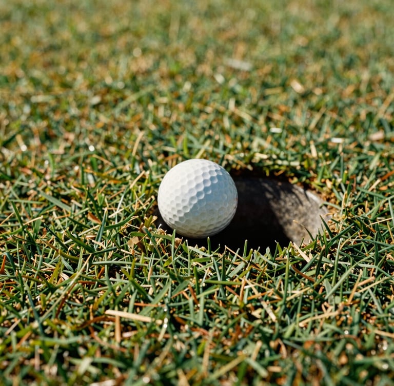 Low-angle close-up of a golf ball resting next to a putting green cup, crisp turf texture showing realistic blades under bright Southern California sunlight, warm earth tones, 35mm.