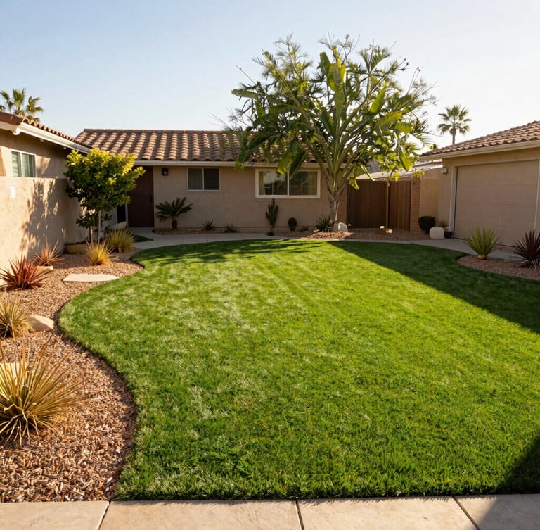 Crisp editorial photography of a sun-drenched suburban backyard with lush green artificial turf, desert landscaping on the borders, warm golden afternoon light, 35mm.