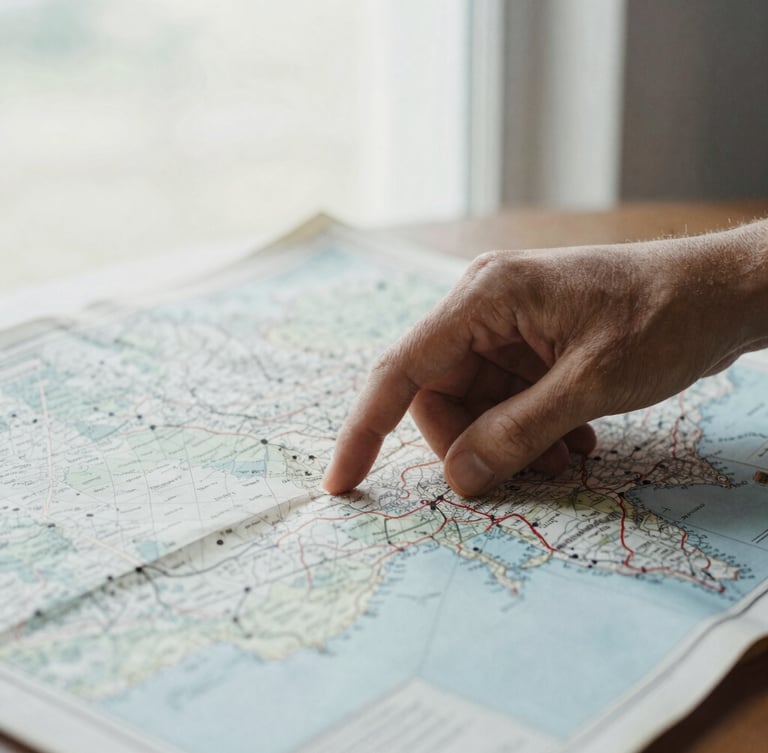Editorial photojournalism, close-up of a hand tracing coordinates on a vintage physical map, soft natural window light, high contrast.