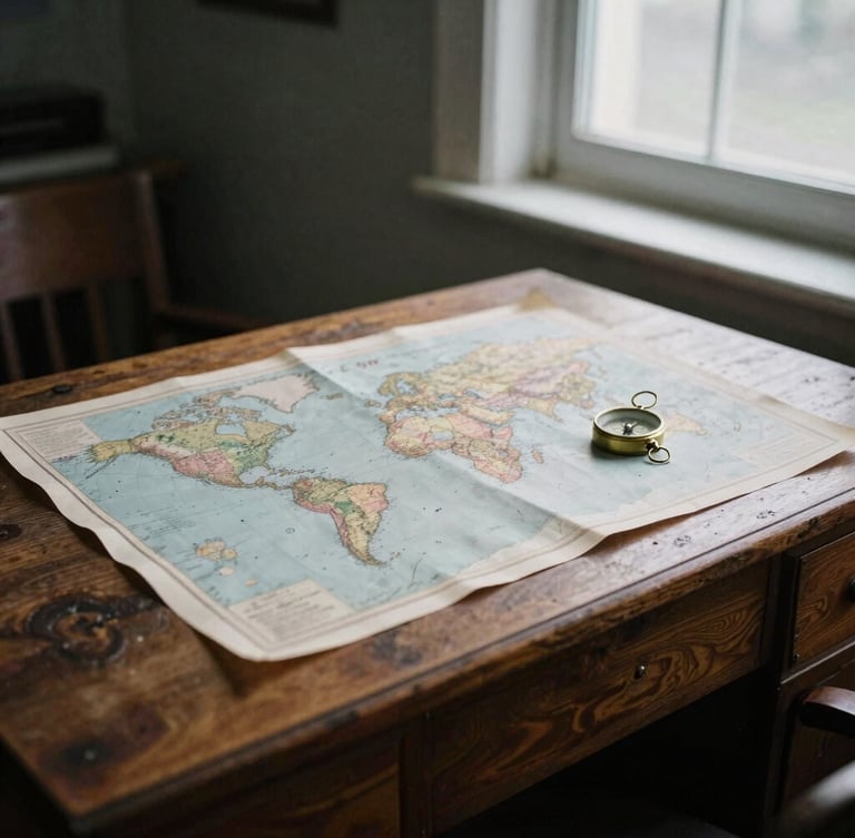 Editorial photojournalism of an old wooden desk with a physical world map, a vintage brass compass, soft overcast light coming from a window, muted desaturated tones, 35mm film grain